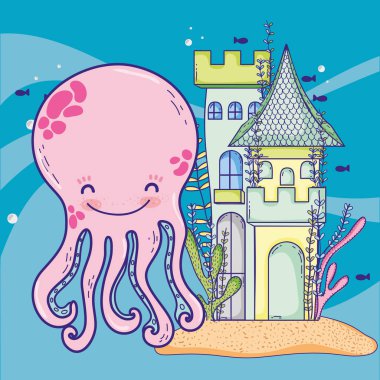 kale ve deniz yosunu bitkiler ile güzel ahtapot