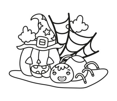 Anahat örümcek ve şapka ve spiderweb mutlu kabak