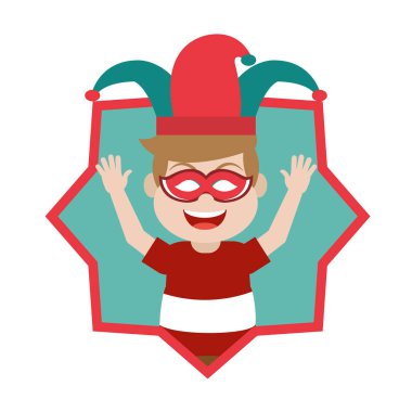 Soytarı şapkası ve maskenin yıldız içinde mutlu çocuk