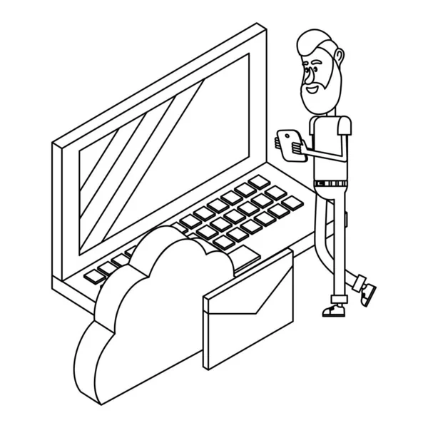 Hombre y tecnología isométrica en blanco y negro — Vector de stock