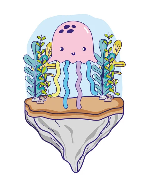 Animal medusa na pedra com plantas de algas marinhas — Vetor de Stock