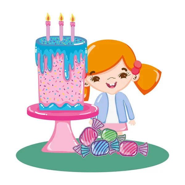 Girl in the party with sweet cake and candies — Stock Vector