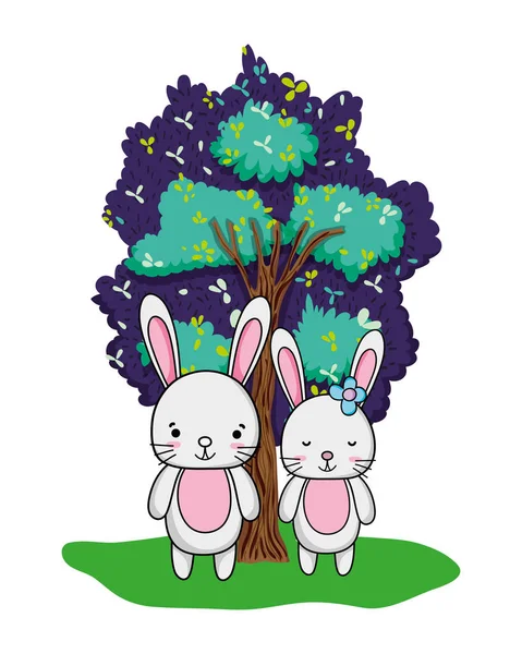 Nice rabbit couple animal and tree — Stock Vector