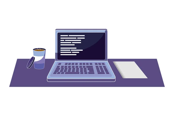 Laptop-val a kód programozási és papír kávé — Stock Vector