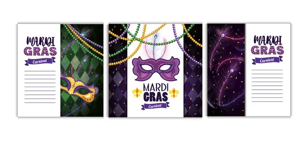 Conjunto cartão mardi gras com máscaras e bolas de colar —  Vetores de Stock