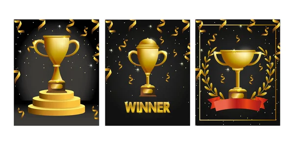 Set cups prizes with confetti to champion celebration — Stock Vector