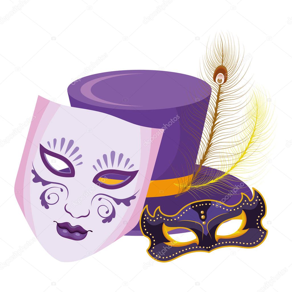 Mardi gras elements masks and top hat vector illustration graphic design