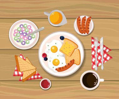 sahanda yumurta ve dilimlenmiş ekmek ile lezzetli mısır gevreği