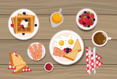 Waffle sahanda yumurta ve dilimlenmiş ekmek ile