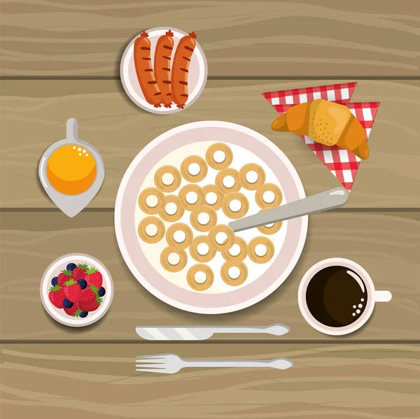 美味的麦片, 香肠和羊角面包早餐 — 图库矢量图片