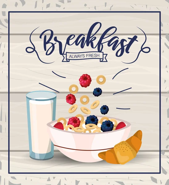 Delicioso cereal com frutas e copo de leite —  Vetores de Stock