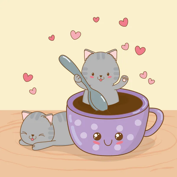 Simpatici gatti con personaggi kawaii tazza di caffè — Vettoriale Stock