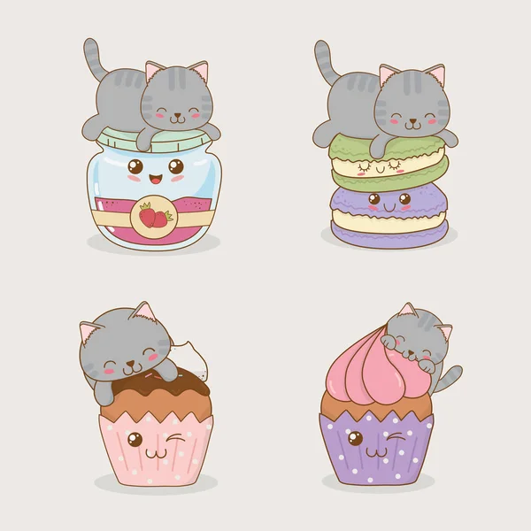 Gatinhos bonitos com emoticons personagens kawaii —  Vetores de Stock