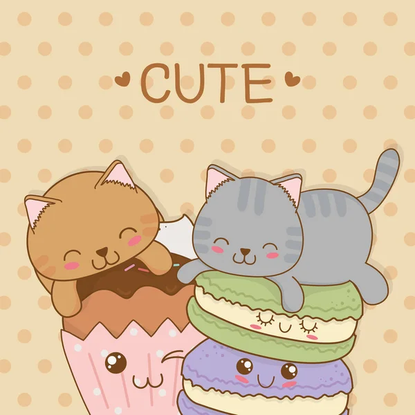 Schattige kleine katten met zoete donuts kawaii tekens — Stockvector