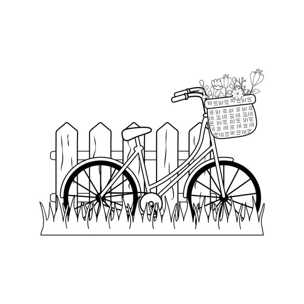 Fahrrad mit Blumenkorb und Zaun in der Landschaft — Stockvektor