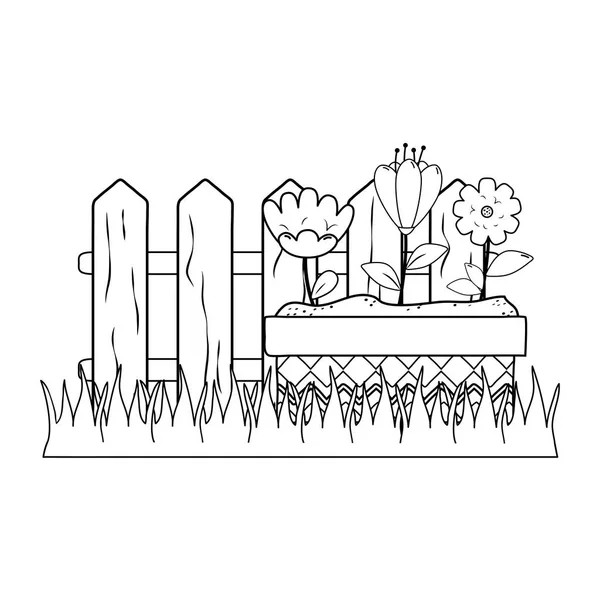 可爱的花和叶在锅花园与围栏现场 — 图库矢量图片