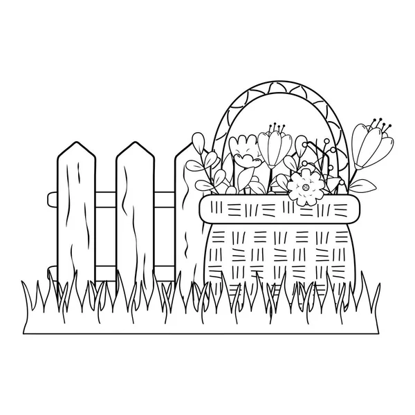 Panier mignon paille avec jardin de fleurs et clôture — Image vectorielle