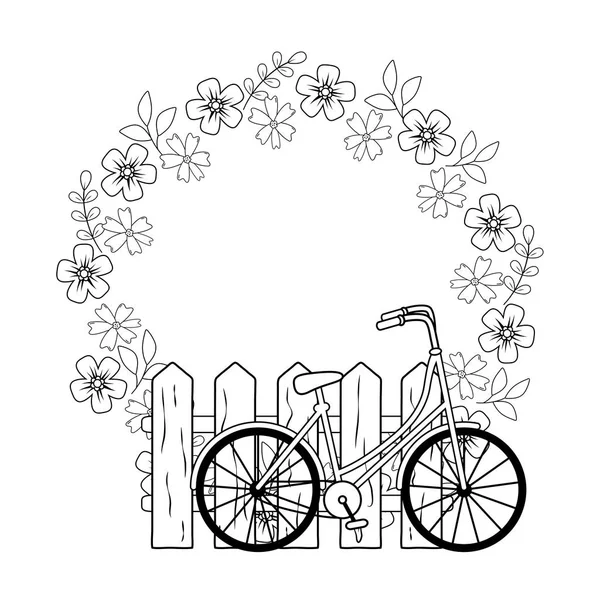 Niedliches Fahrrad-Retro mit Zaun und Blumen — Stockvektor