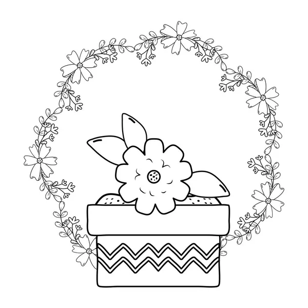 Vacker blomma och blad i keramiska potten och krona — Stock vektor