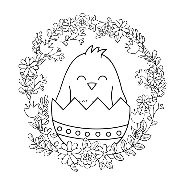 Pollito con huevo roto y flores de corona — Archivo Imágenes Vectoriales