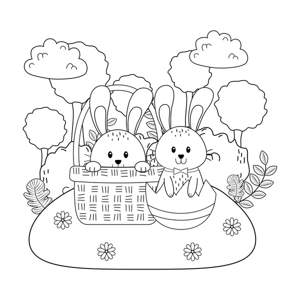Kaninchen im Korb im Garten — Stockvektor