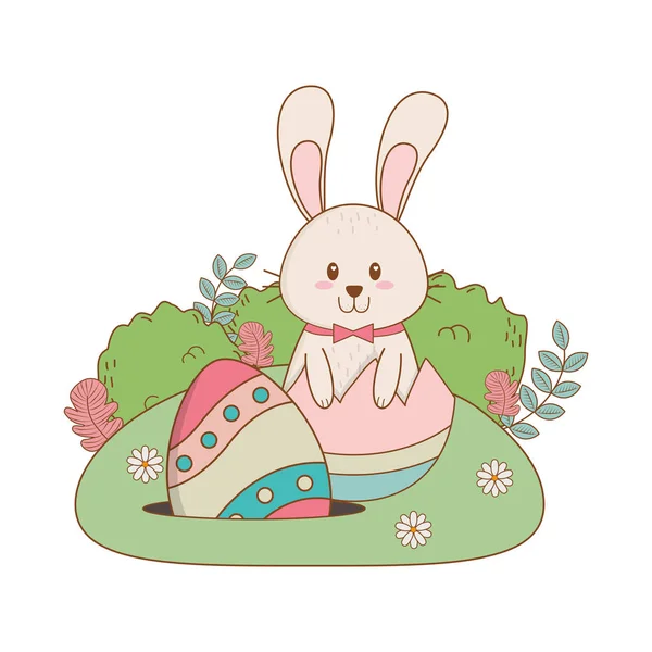 Coniglietto con uovo dipinto in giardino — Vettoriale Stock