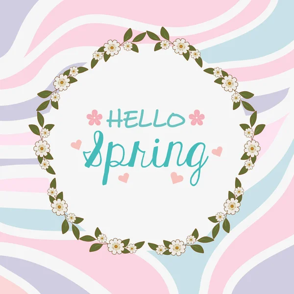 こんにちは春ラベルの花の花輪王冠 — ストックベクタ