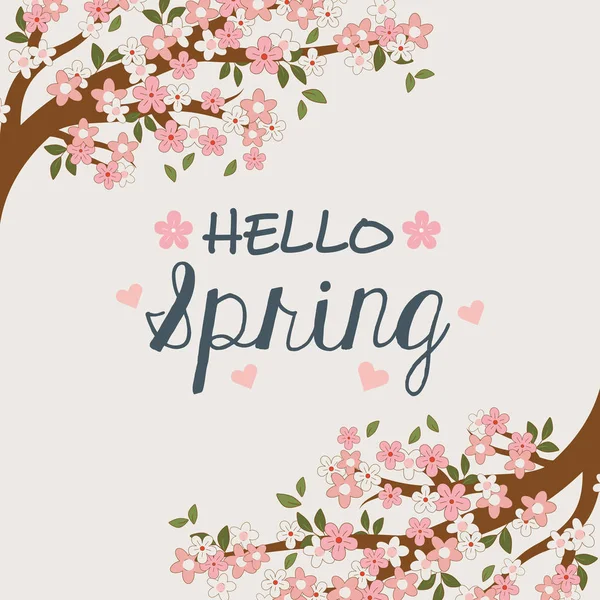 Witaj wiosna etykiety z gałęzi drzewa i kwiaty — Wektor stockowy