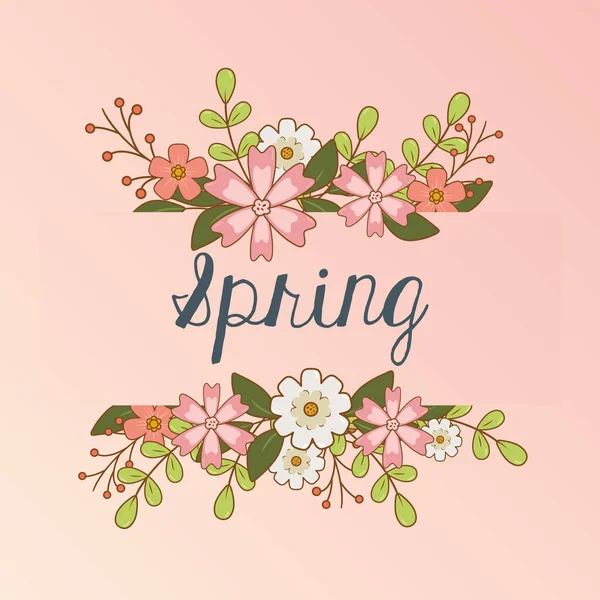 Hola etiqueta de primavera con flores corona de corona — Vector de stock