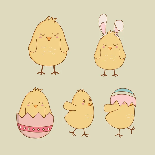 Petits poussins avec des œufs peints personnages de Pâques — Image vectorielle