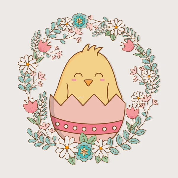 Petit poussin avec couronne florale caractère Pâques — Image vectorielle