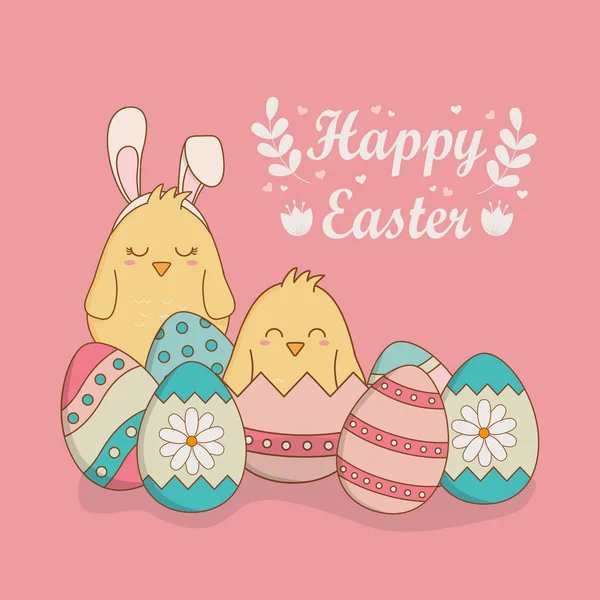 Pintainhos com ovos pintados de caracteres de Páscoa — Vetor de Stock