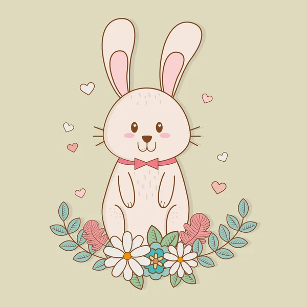 Pequeno coelho com caráter de Páscoa decoração floral — Vetor de Stock