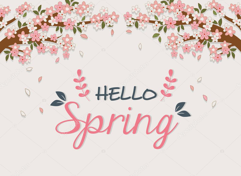 hello spring label with tree branch and flowers