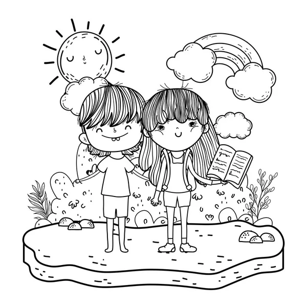 Niños pequeños pareja en el paisaje — Vector de stock