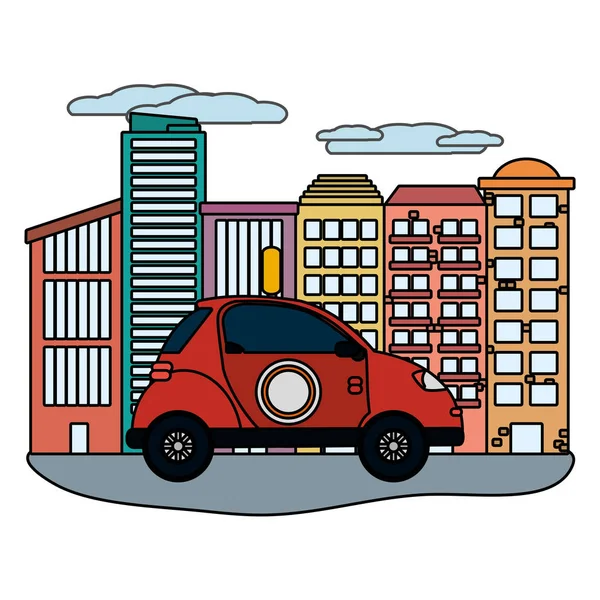 Car in front buildings — Stock Vector