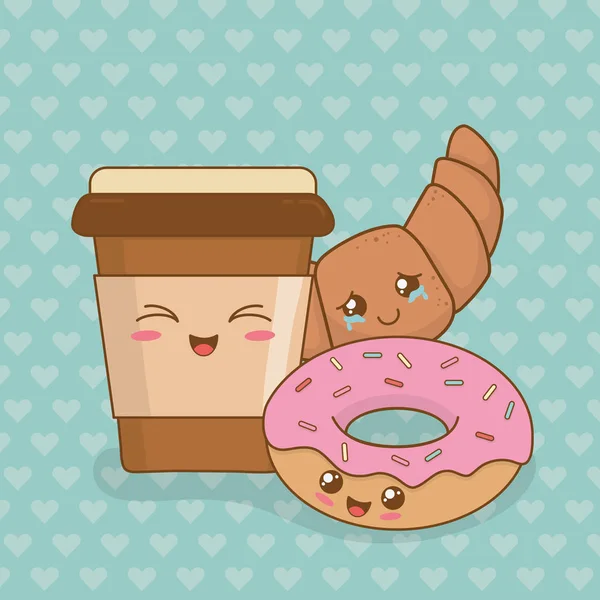 Café aux beignets caractères kawaii — Image vectorielle