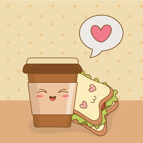 Kahve sandviç kawaii karakterlerle — Stok Vektör