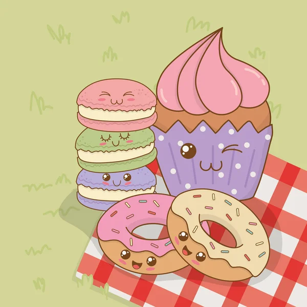 Beignets doux et cupcake personnages kawaii — Image vectorielle