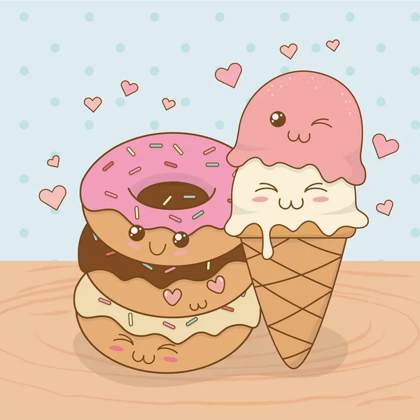 Ice-cream fánk kawaii karakterek — Stock Vector