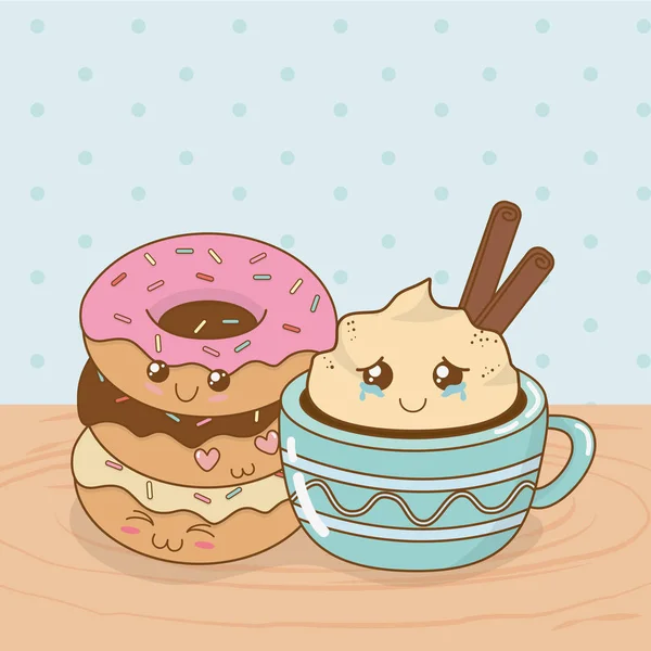 Délicieuse tasse de chocolat et de la nourriture sucrée caractères kawaii — Image vectorielle