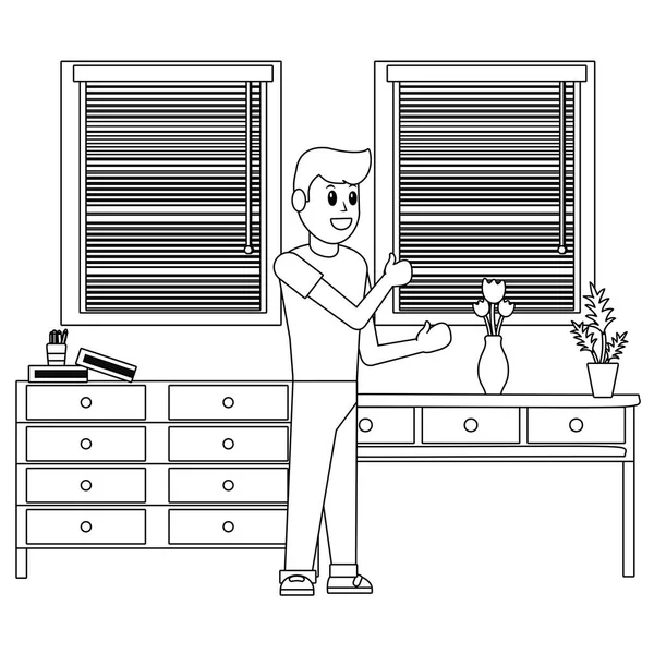 Karikatura člověka v místnosti v černé a bílé — Stockový vektor