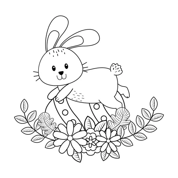 Pequeno coelho com ovo pintado e flores personagem Páscoa — Vetor de Stock