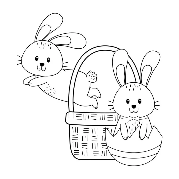 小兔子与鸡蛋画在篮子复活节字符 — 图库矢量图片