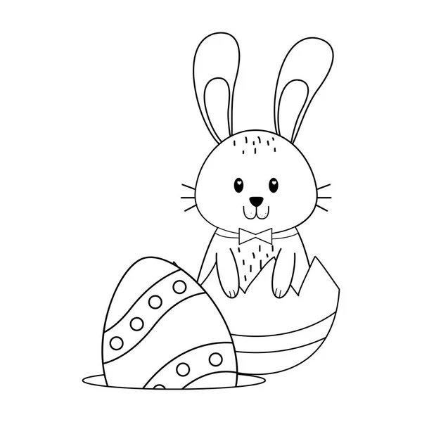 Pequeño conejo con huevo roto pintado carácter de Pascua — Vector de stock