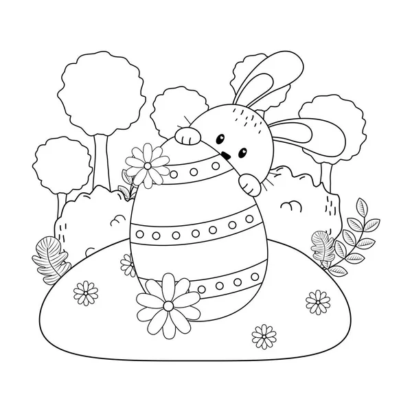 Little rabbit with egg painted in the garden — Stock Vector