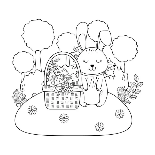 Conejito con huevo pintado en cesta en el jardín — Vector de stock