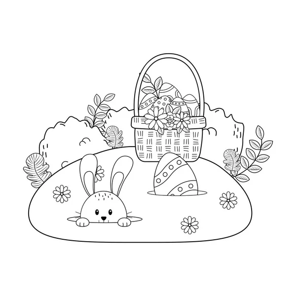 Hase mit Ei im Korb im Garten bemalt — Stockvektor