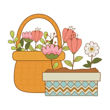 pot ve sepet saman içinde güzel çiçekler
