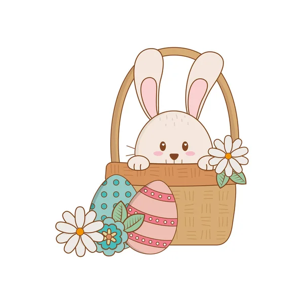 Kleine konijn met ei geschilderd Pasen in mand — Stockvector